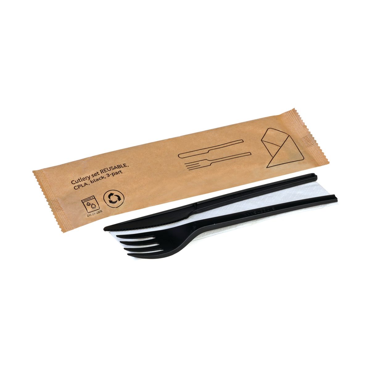 naturesse Besteckset REUSABLE CPLA - schwarz,3-teilig:M,G,Serviette 16.8 cm (L); schwarz; 250 Stück / Pack