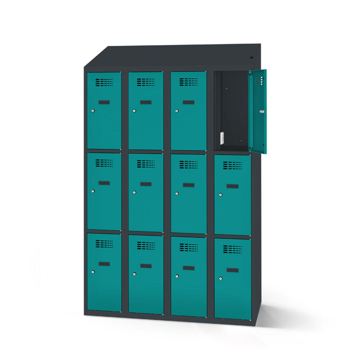 rotstahl Fächerschrank mit Ladefunktion 12 Fächer 4x3 mit anthrazitgrauem Korpus 120x200 cm (BxH); türkis