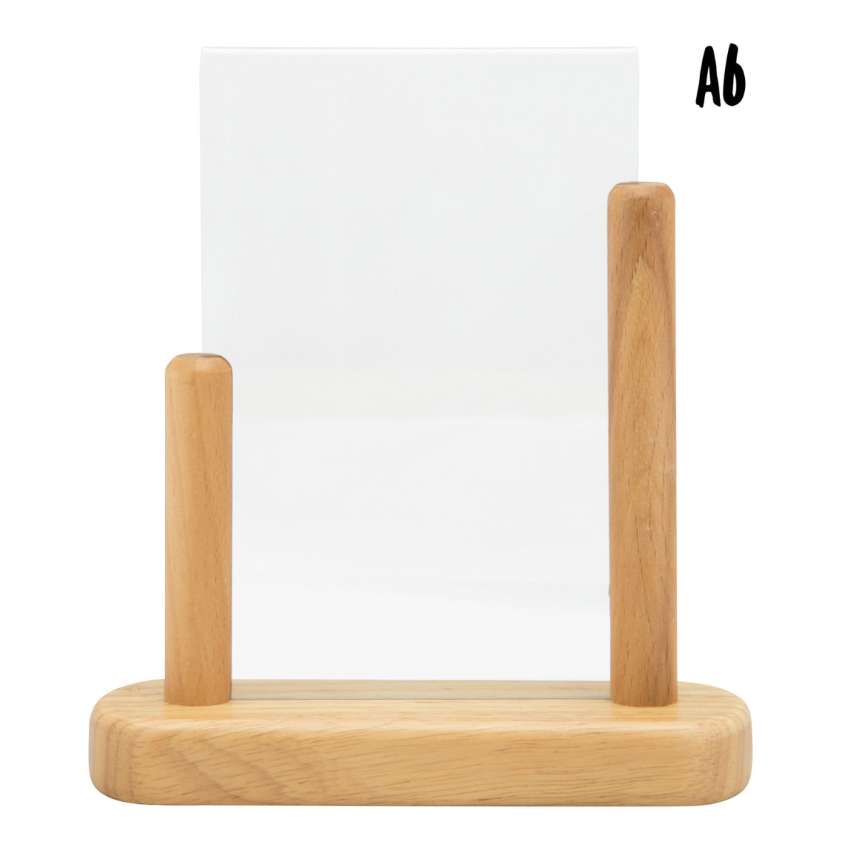 Porta-avvisi trasparente A6 - Acrilico - Base in legno finitura teak laccato - Doppia faccia Securit; 5x15.5x17 cm (LxLxH); marrone