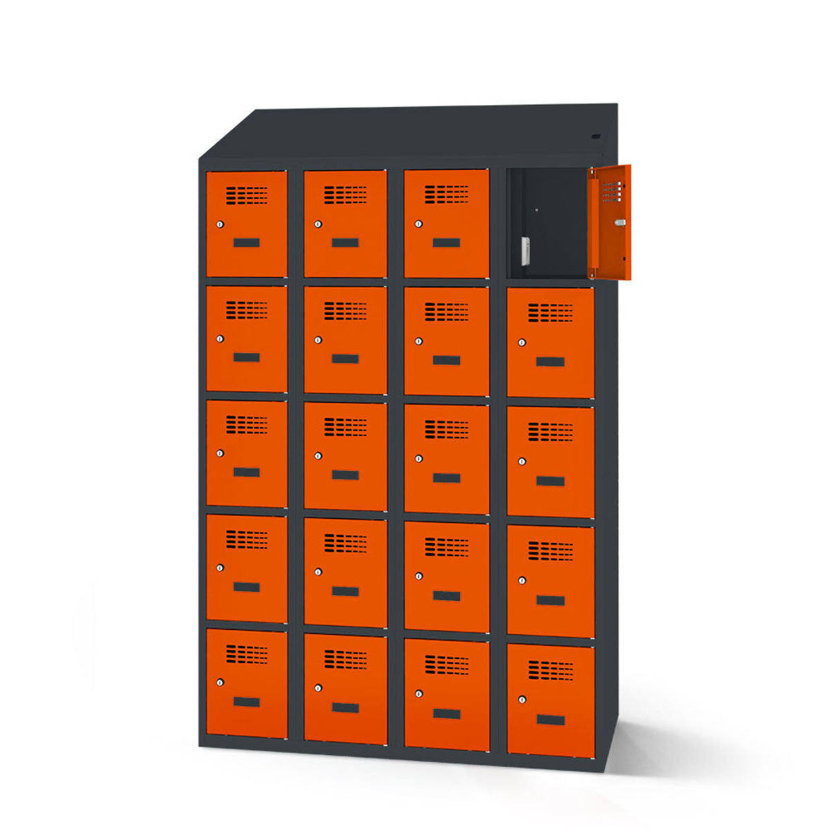 rotstahl Fächerschrank mit Ladefunktion 20 Fächer mit anthrazitgrauem Korpus 120x200 cm (BxH); orange