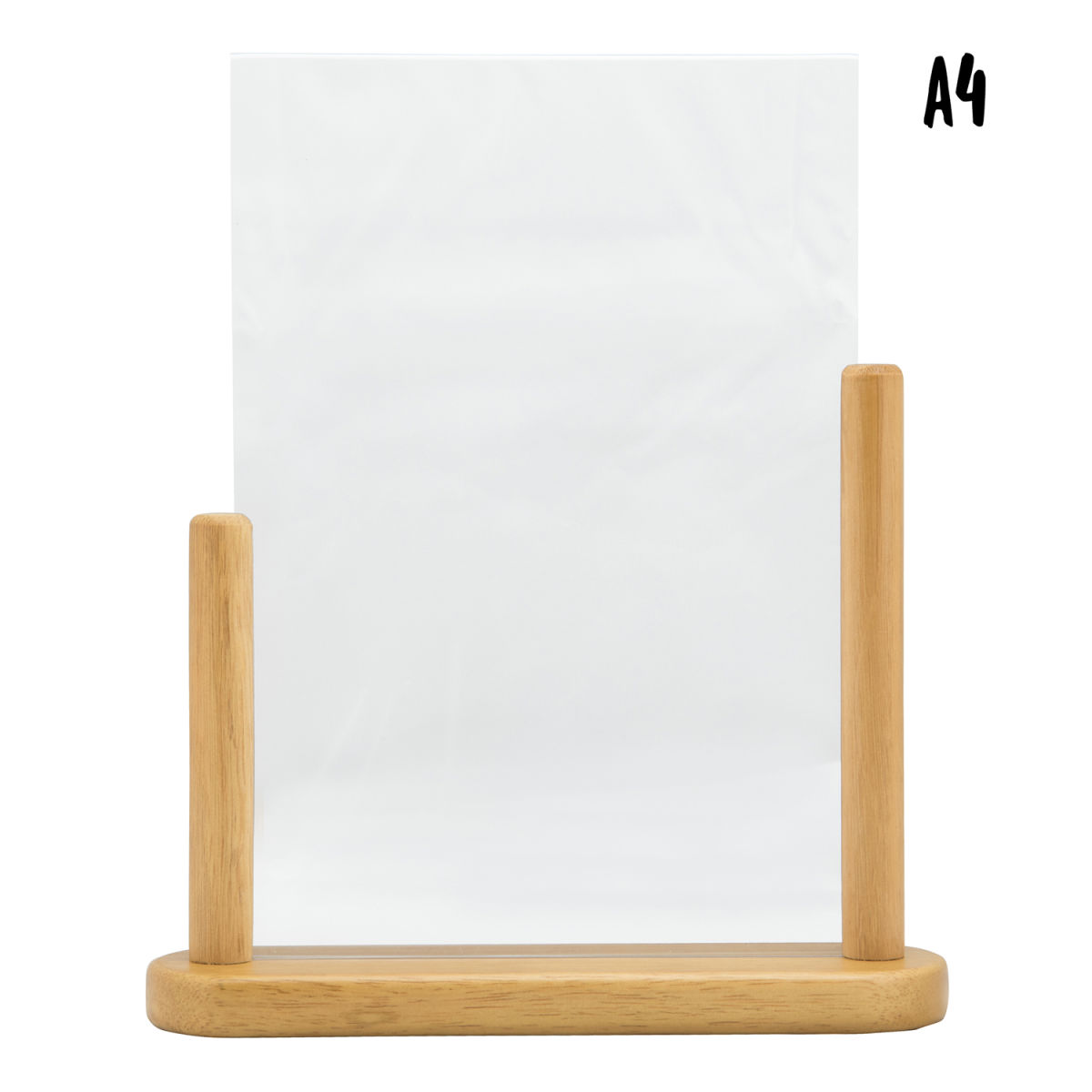 Porta-avvisi trasparente A4 - Acrilico - Base in legno finitura teak laccato - Doppia faccia Securit; 7x27x32 cm (LxLxH); marrone