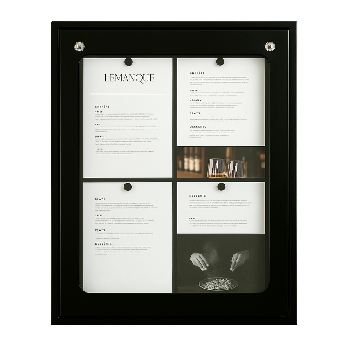 METAFICH 4-seitiger wandmontierter Restaurant-Menühalter mit integrierter LED 59x6.5x75 cm (BxTxH); schwarz
