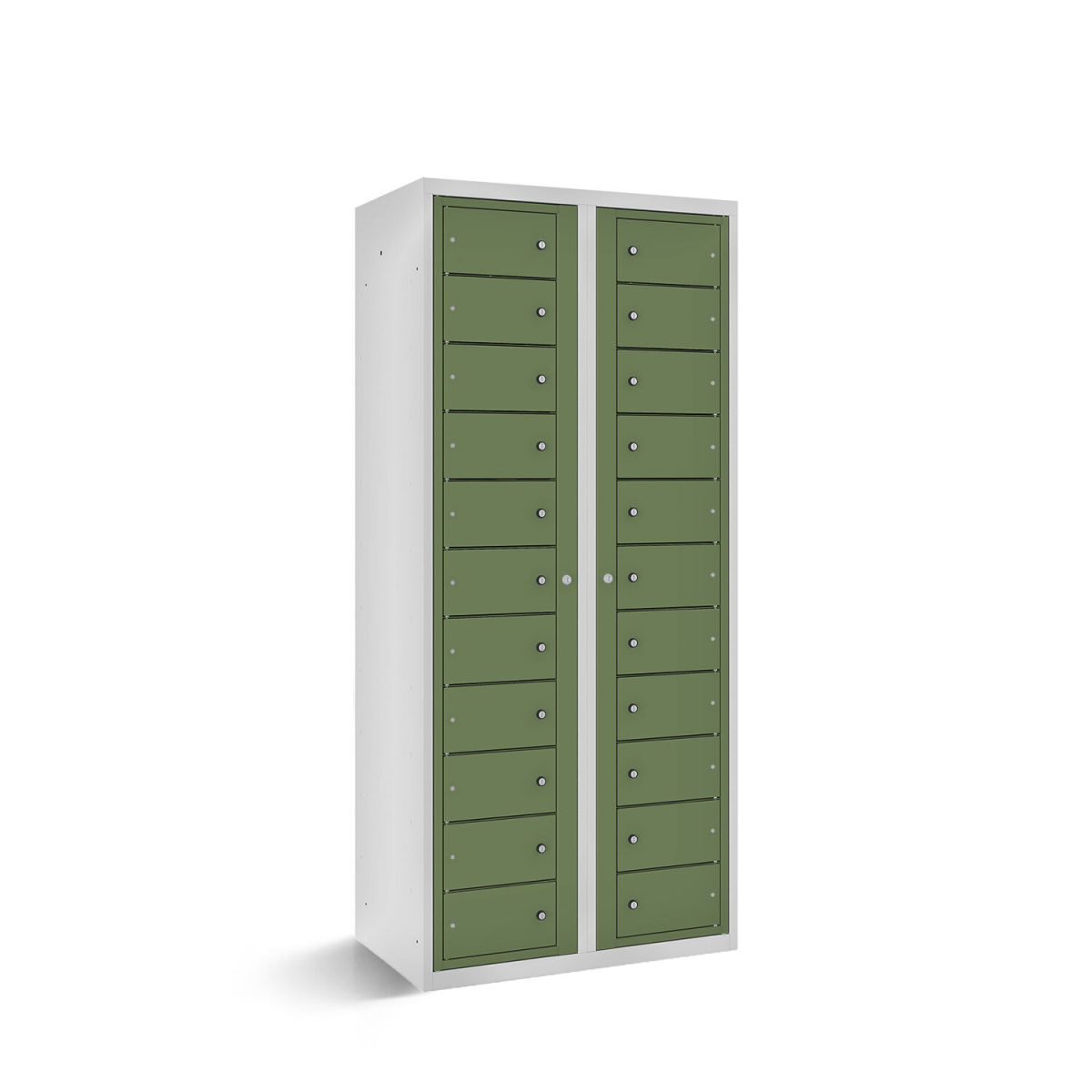 rotstahl Fächerschrank mit Zentraltüren 22 Fächer mit lichtgrauem Korpus 80x50x180 cm (BxTxH); hellgrün