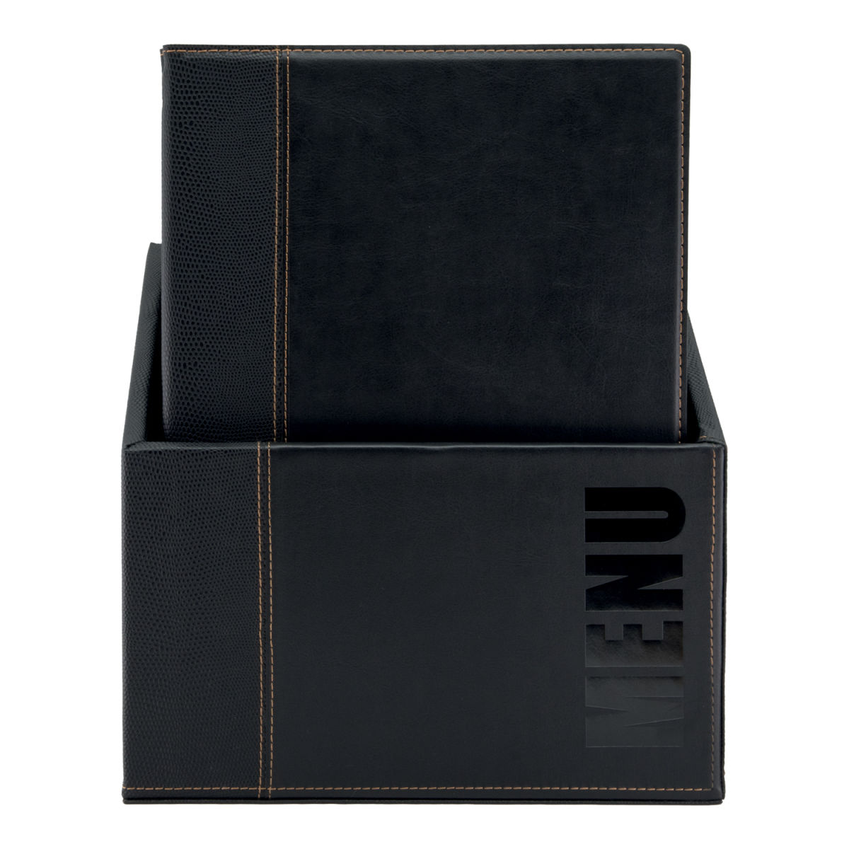 Box con 20 porta-menù A4 Trendy in similpelle – 4 viste Securit; 28x35 cm (LxH); nero