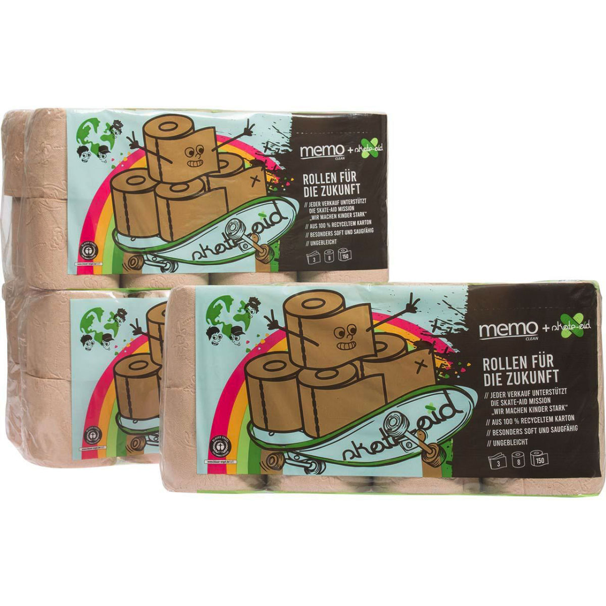 memo memo Toilettenpapier 'skate-aid' 3-lagig aus Kartonage (150 Blatt), 7 x 8 Rollen; 40 cm (B); natur; 56 Stück / Pack