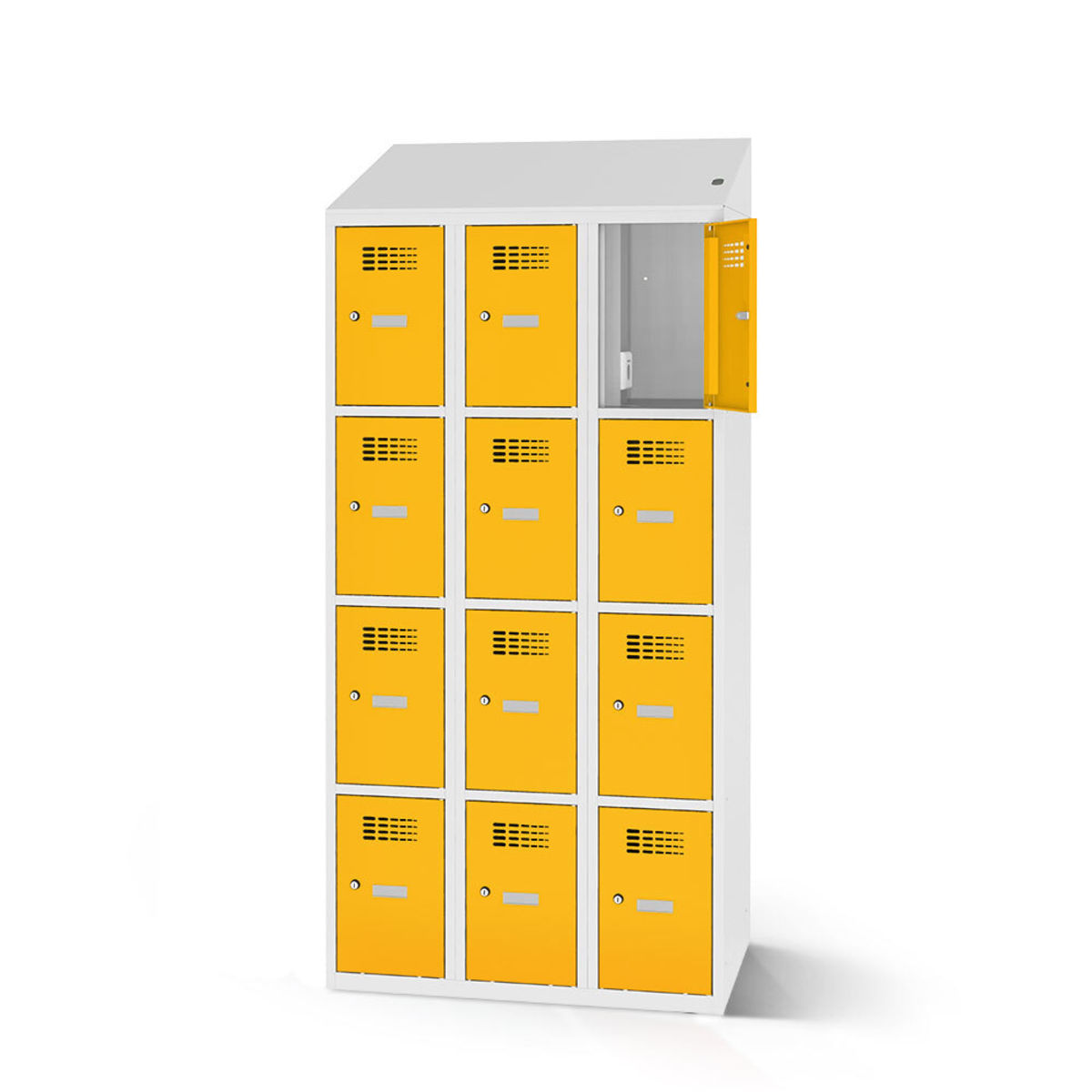rotstahl Fächerschrank mit Ladefunktion 12 Fächer 3x4 mit lichtgrauem Korpus 90x200 cm (BxH); gelb