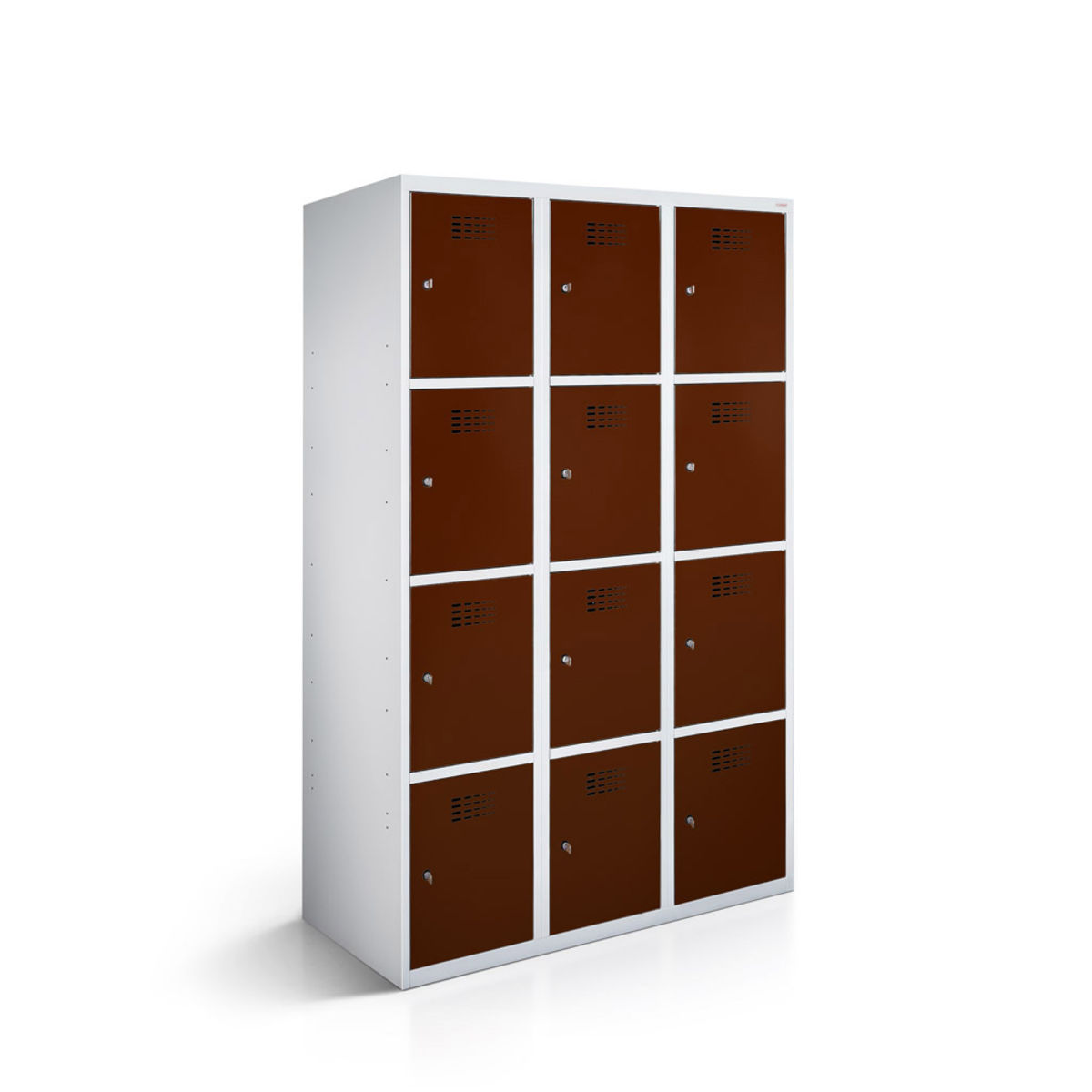 rotstahl Fächerschrank 12 Fächer 3x4 mit lichtgrauem Korpus 90x50x180 cm (BxTxH); mahagoni