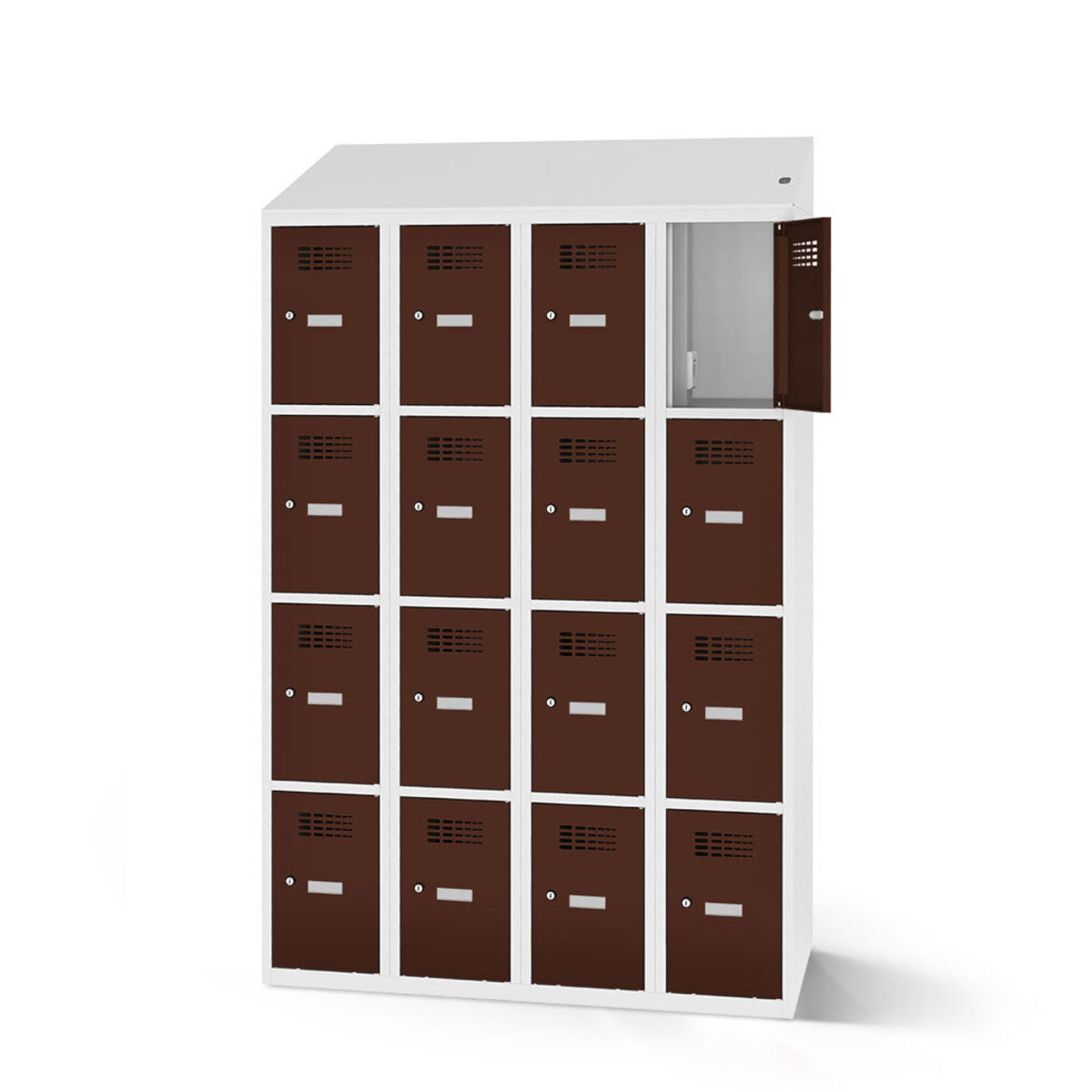 rotstahl Fächerschrank mit Ladefunktion 16 Fächer mit lichtgrauem Korpus 120x200 cm (BxH); mahagoni