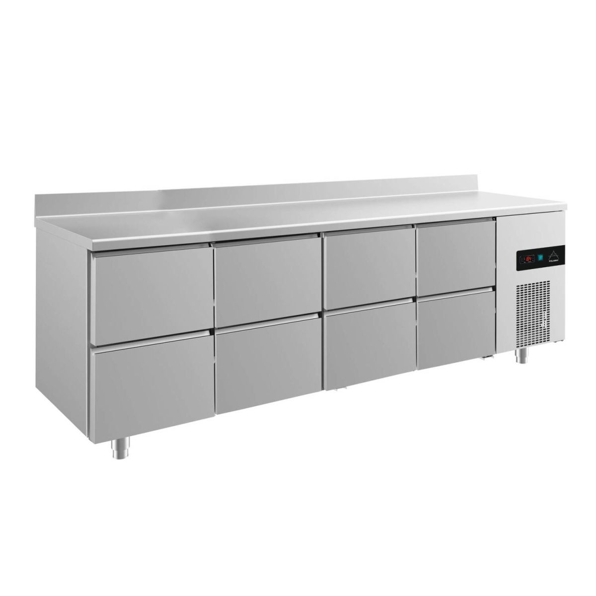 A&S Polarny Kühltisch -2 bis +8°C 2330x700x850mm mit 4x zwei Schubladen u. Aufkantung 233x85x70 cm (BxHxT); silber
