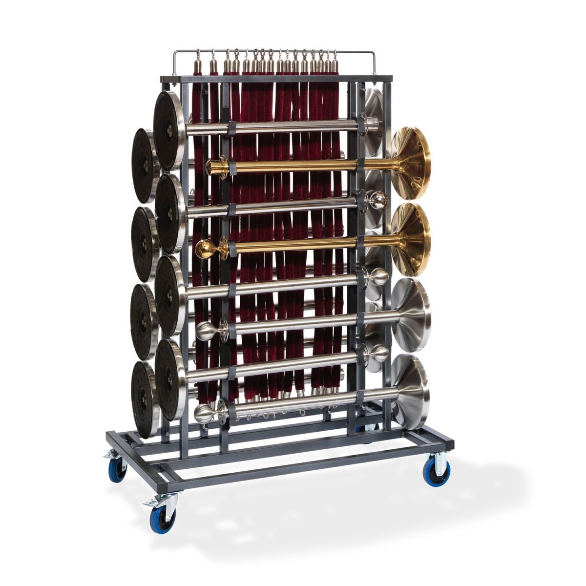 Feros Elegance Transportwagen für 16 absperrpfosten und Absperrkordeln, Hammerschlag 129x76x180 cm (BxTxH); silber