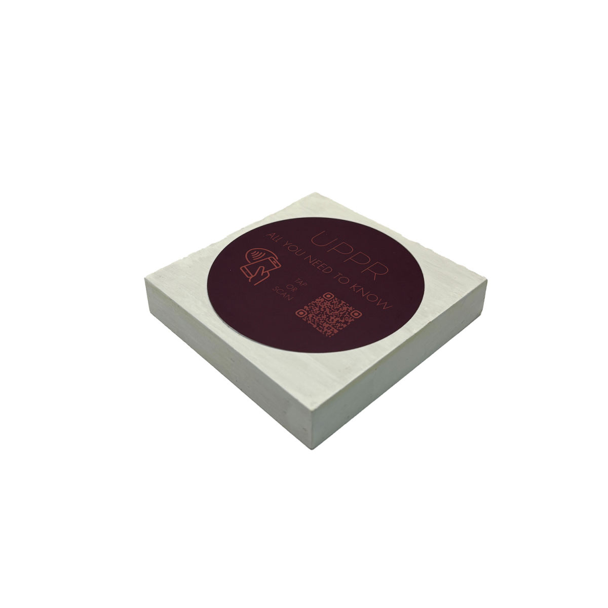 PRODUCTMATE Tischaufsteller liegend schräg mit QR-Code Aufkleber glänzend und NFC-Chip 8.5x8.5 cm (BxH); ahorn/weiß; 25 Stück / Pack