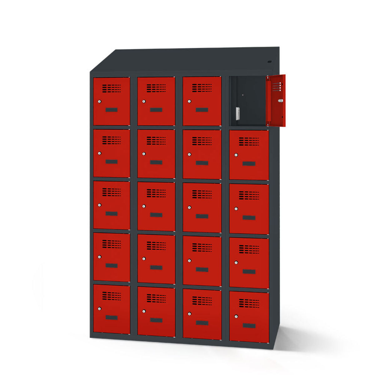 rotstahl Fächerschrank mit Ladefunktion 20 Fächer mit anthrazitgrauem Korpus 120x200 cm (BxH); rot