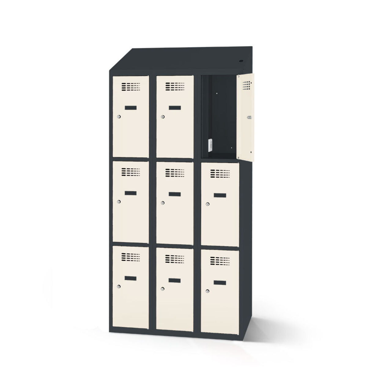 rotstahl Fächerschrank mit Ladefunktion 9 Fächer mit anthrazitgrauem Korpus 120x200 cm (BxH); weiß