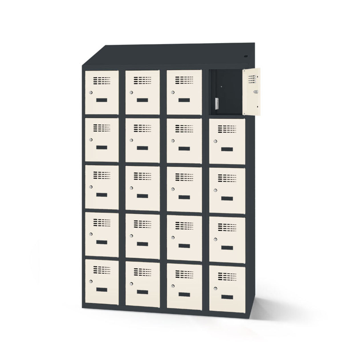 rotstahl Fächerschrank mit Ladefunktion 20 Fächer mit anthrazitgrauem Korpus 120x200 cm (BxH); weiß