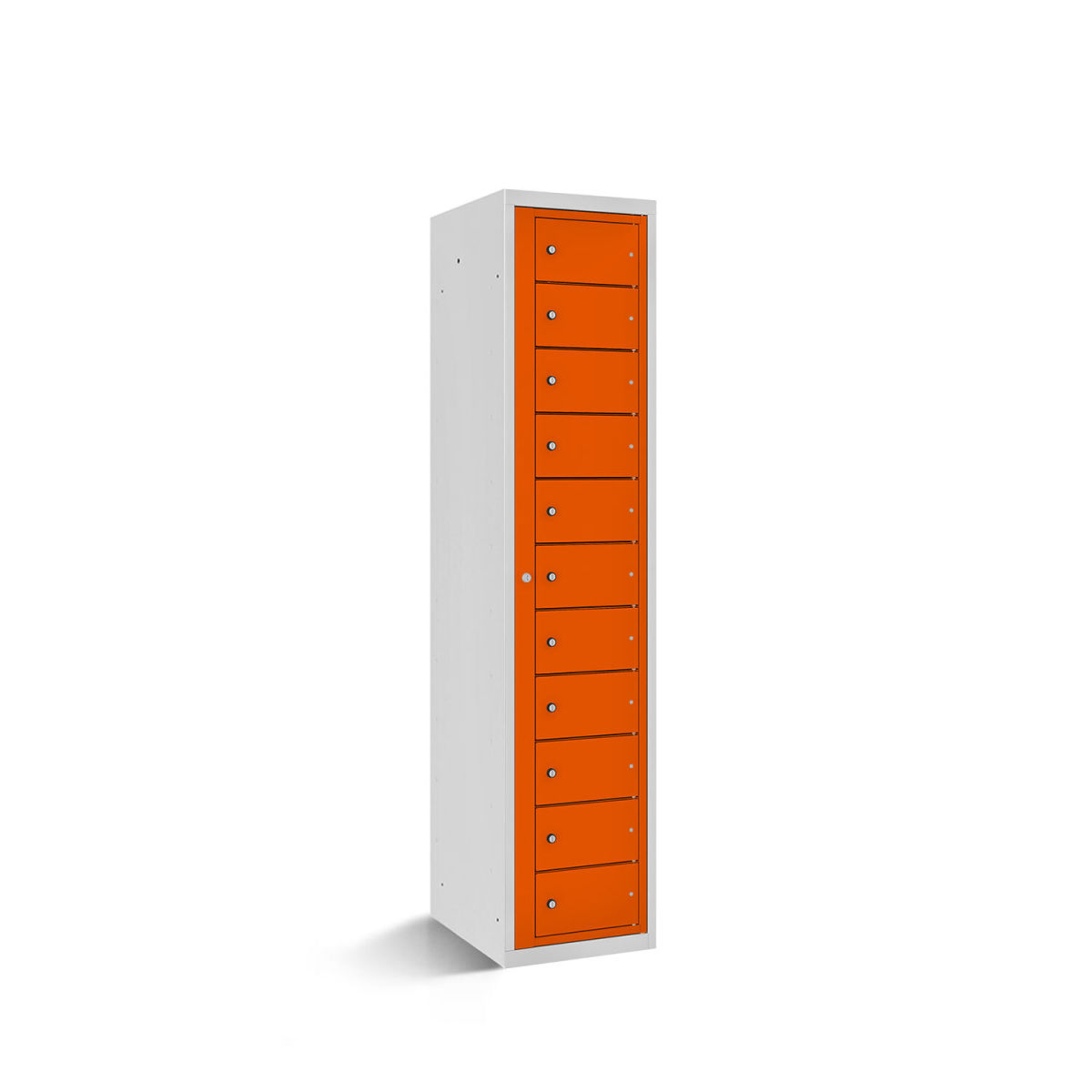 rotstahl Fächerschrank mit Zentraltür 11 Fächer mit lichtgrauem Korpus 40x50x180 cm (BxTxH); orange