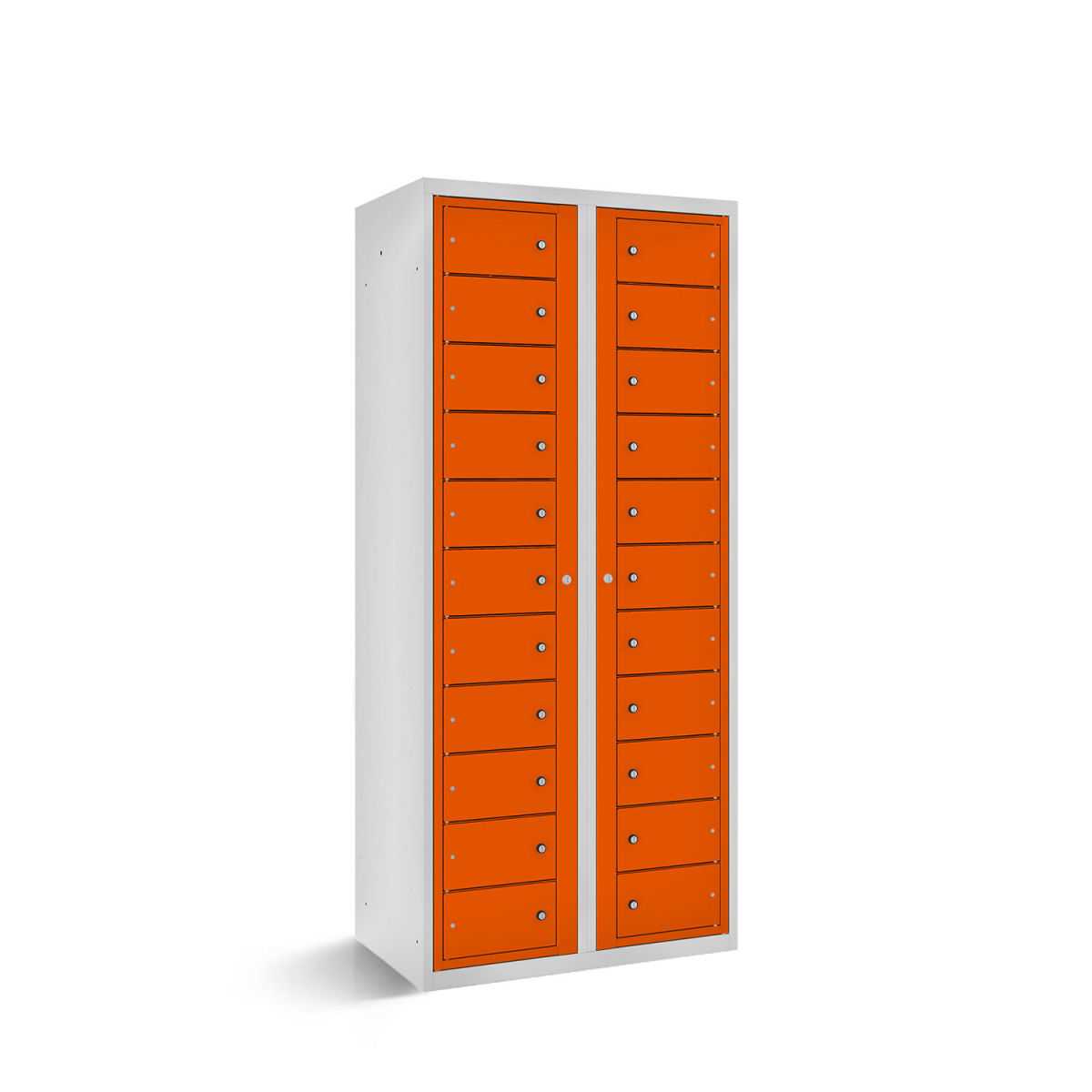 rotstahl Fächerschrank mit Zentraltüren 22 Fächer mit lichtgrauem Korpus 80x50x180 cm (BxTxH); orange