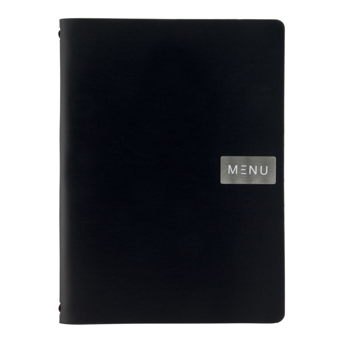 Copertina Menu A4 Leather - Nero - Linea Royal - 100% pelle ecologica - Targhetta Menu + targhetta neutra incluse - 4 pagine Securit; 24x33.5 cm (LxH); nero