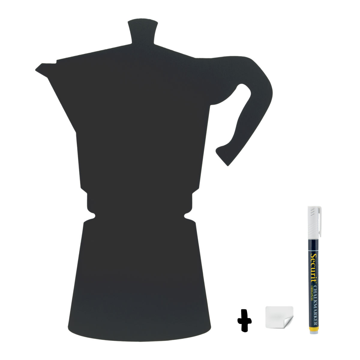 Lavagna da Parete - Silhouette Caffettiera - Pennarello a gesso e kit velcro per fissaggio inclusi - Fine serie Securit; 29x39 cm (LxH); nero
