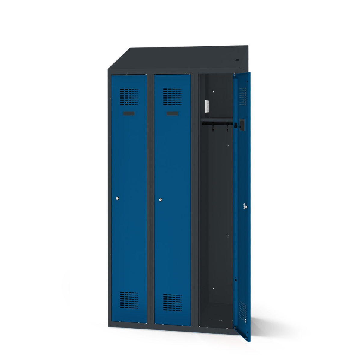 rotstahl Kleiderspind mit Ladefunktion 3 Türen mit anthrazitgrauem Korpus 90x200 cm (BxH); dunkelblau