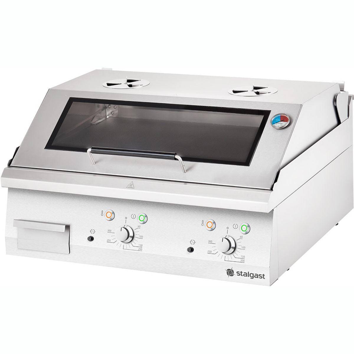 Stalgast Edelstahl Elektro-Griddleplatte als Tischgerät mit Deckel, glatte Grillfläche, Serie 700 ND 80x70x43 cm (BxTxH); silber