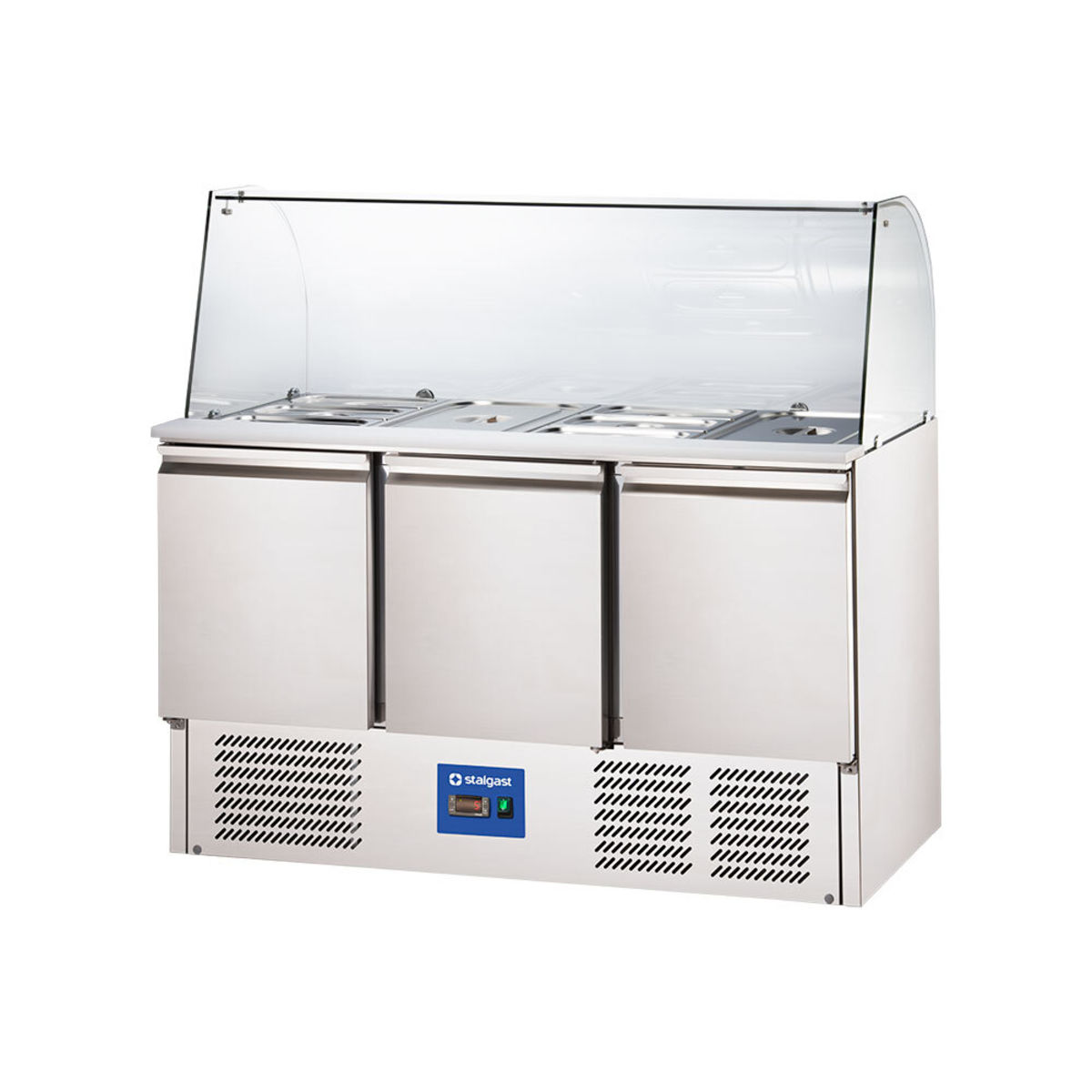 Stalgast STARLINE Saladette mit Glasaufsatz und drei Türen, GN1/1, 368 L, ohne Aufkantung 136.5x130x70.5 cm (BxHxT); silber