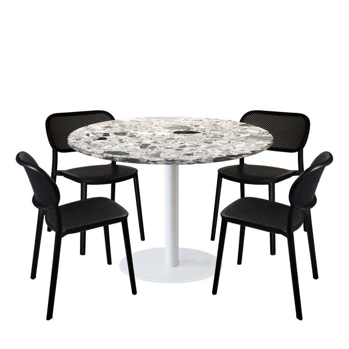 RestooTab Esstisch-Set Rome XL Gestell weiß mit 4 Stühlen - Dekor Stein 120x120x75x120 cm (LxBxHxØ); grau/terrazzo; Gestell schwarz; rund