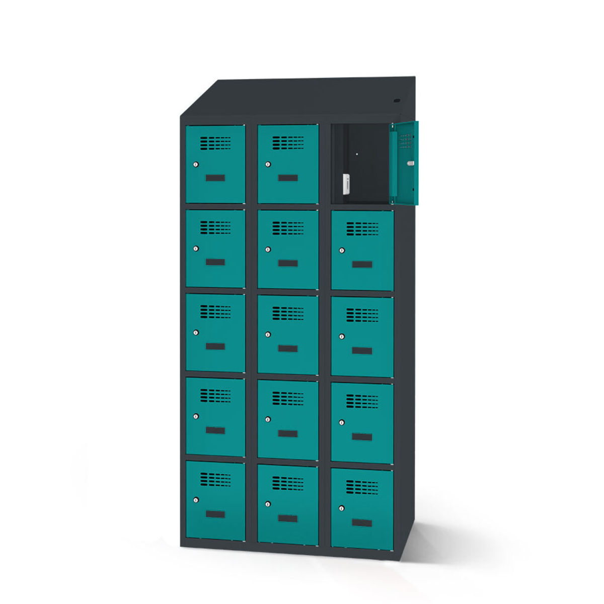 rotstahl Fächerschrank mit Ladefunktion 15 Fächer mit anthrazitgrauem Korpus 90x200 cm (BxH); türkis