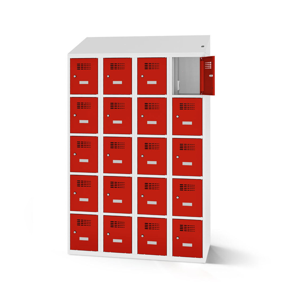 rotstahl Fächerschrank mit Ladefunktion 20 Fächer mit lichtgrauem Korpus 120x200 cm (BxH); rot