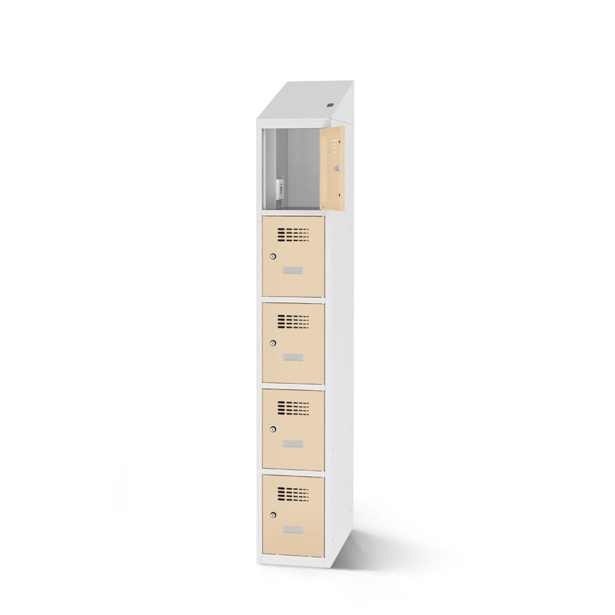 rotstahl Fächerschrank mit Ladefunktion 5 Fächer mit lichtgrauem Korpus 30x200 cm (BxH); elfenbein