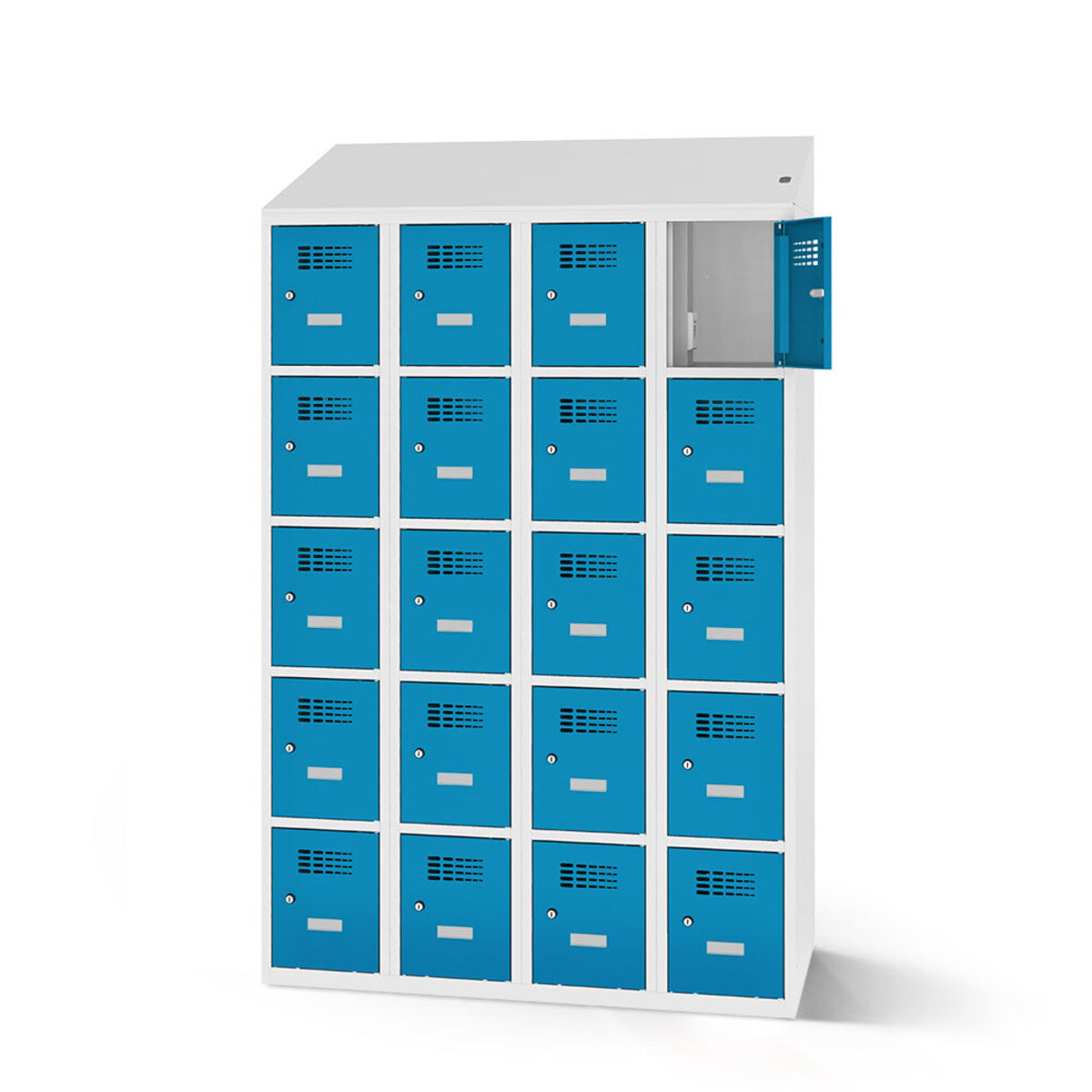 rotstahl Fächerschrank mit Ladefunktion 20 Fächer mit lichtgrauem Korpus 120x200 cm (BxH); blau