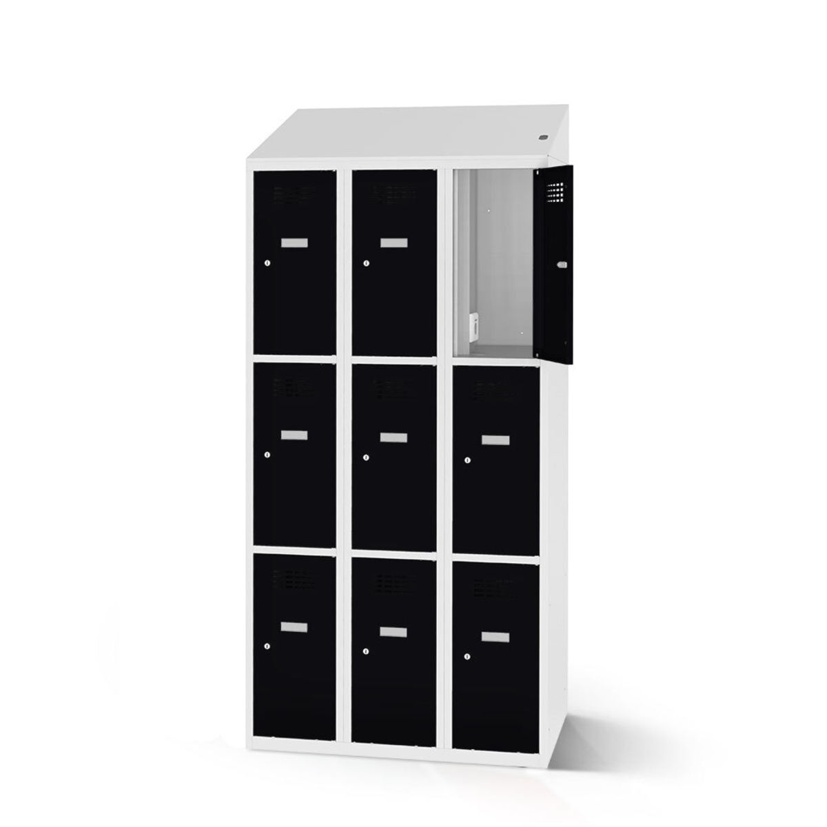 rotstahl Fächerschrank mit Ladefunktion 9 Fächer mit lichtgrauem Korpus 90x200 cm (BxH); schwarz
