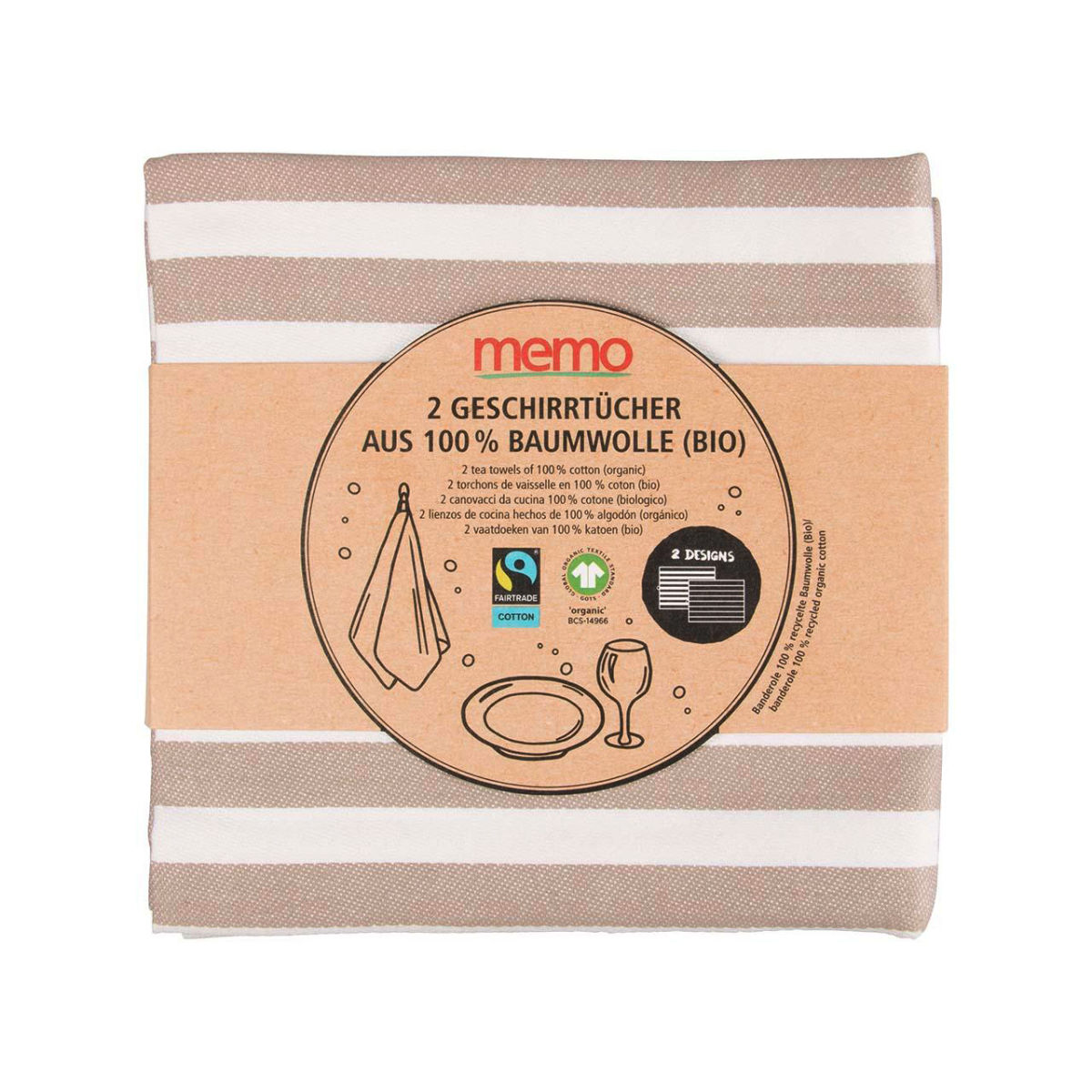 memo 2 memo Geschirrtücher aus Bio-Baumwolle, Fairtrade, 50 x 70 cm; 50x70 cm (BxL); grau/weiß; 2 Stück / Pack