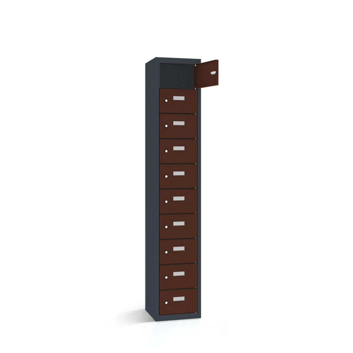 rotstahl Wertfachschrank 10 Fächer mit anthrazitgrauem Korpus 42.5x30x180 cm (BxTxH); mahagoni