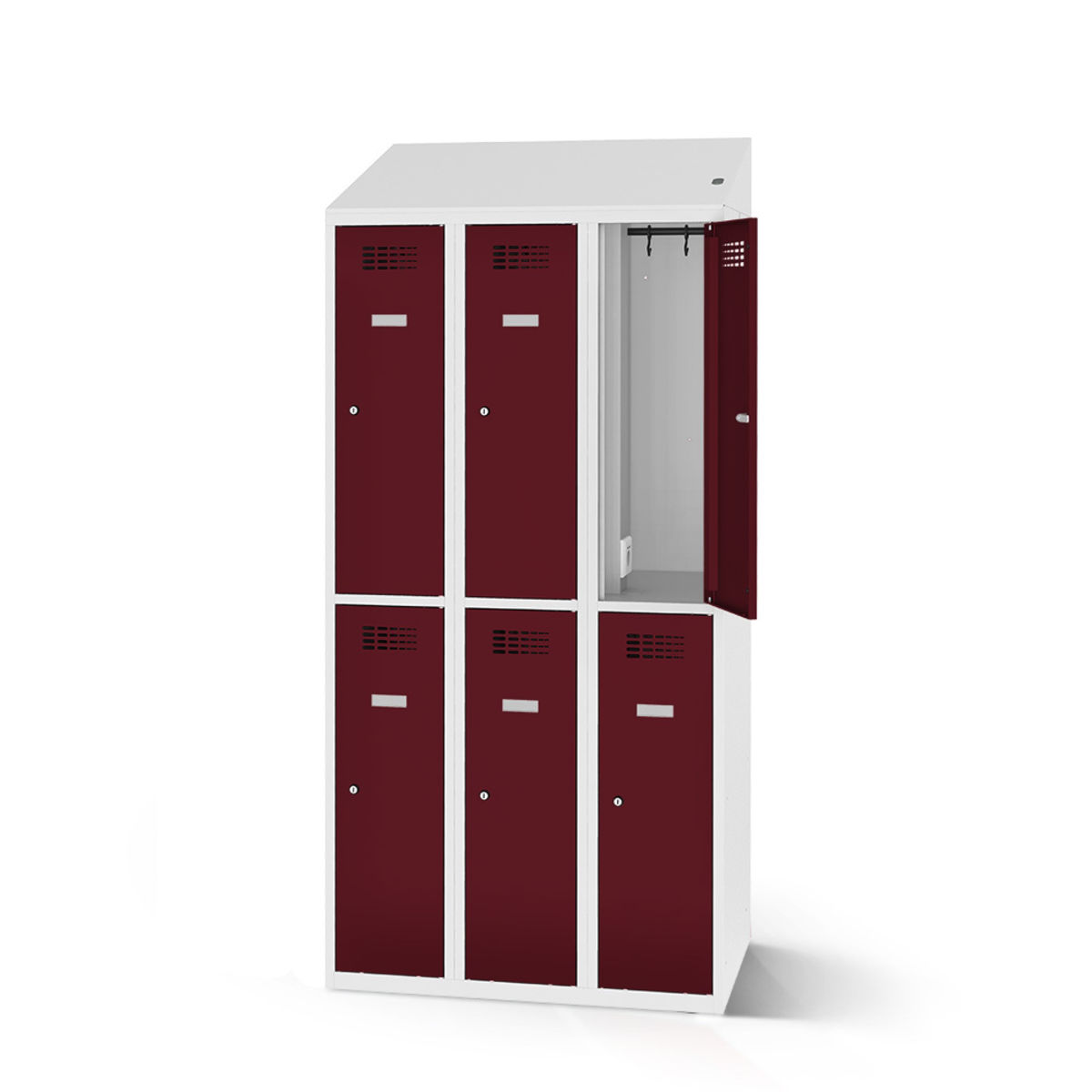 rotstahl Garderobenspind mit Ladefunktion 6 Türen mit lichtgrauem Korpus 90x200 cm (BxH); bordeaux