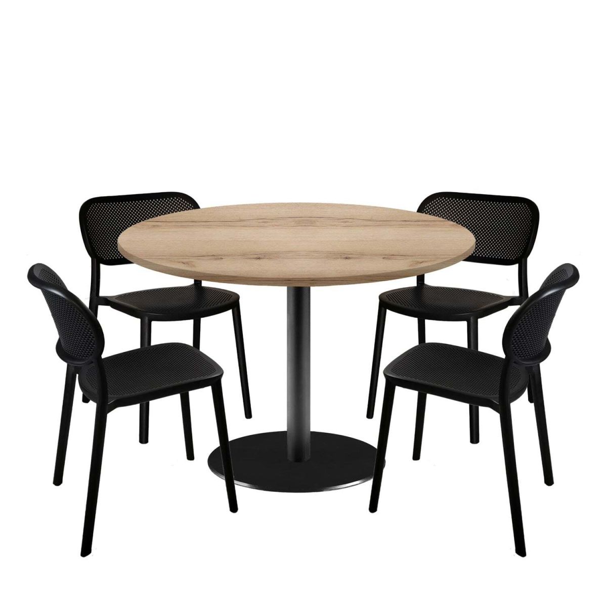 RestooTab Esstisch-Set Rome XL mit 4 Stühlen - Dekor Holz 120x120x75x120 cm (LxBxHxØ); eiche/natur; Gestell schwarz; rund