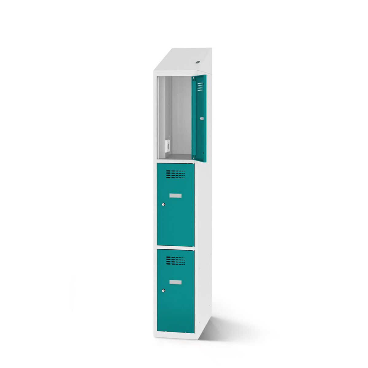 rotstahl Fächerschrank mit Ladefunktion 3 Fächer mit lichtgrauem Korpus 30x200 cm (BxH); türkis