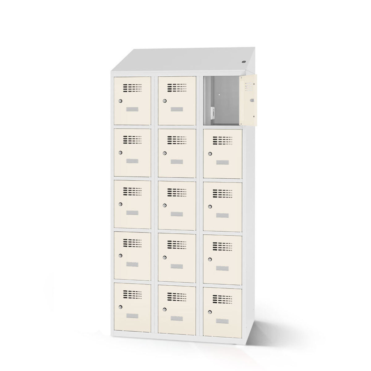 rotstahl Fächerschrank mit Ladefunktion 15 Fächer mit lichtgrauem Korpus 90x200 cm (BxH); weiß