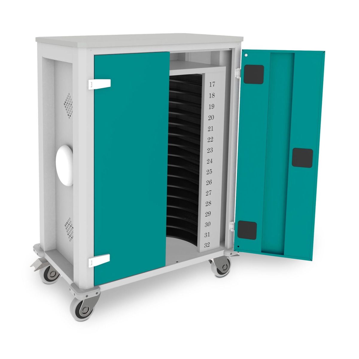 rotstahl Tabletwagen Power für 32 Tablets mit lichtgrauem Korpus + Access Point 73x44x105 cm (BxTxH); türkis