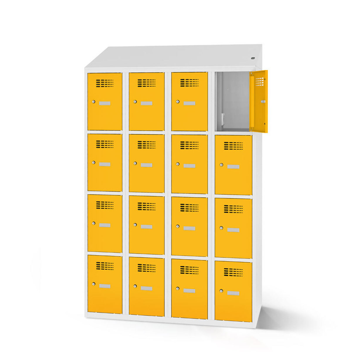 rotstahl Fächerschrank mit Ladefunktion 16 Fächer mit lichtgrauem Korpus 120x200 cm (BxH); gelb