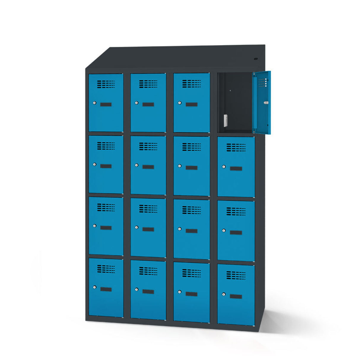 rotstahl Fächerschrank mit Ladefunktion 16 Fächer mit anthrazitgrauem Korpus 120x200 cm (BxH); blau