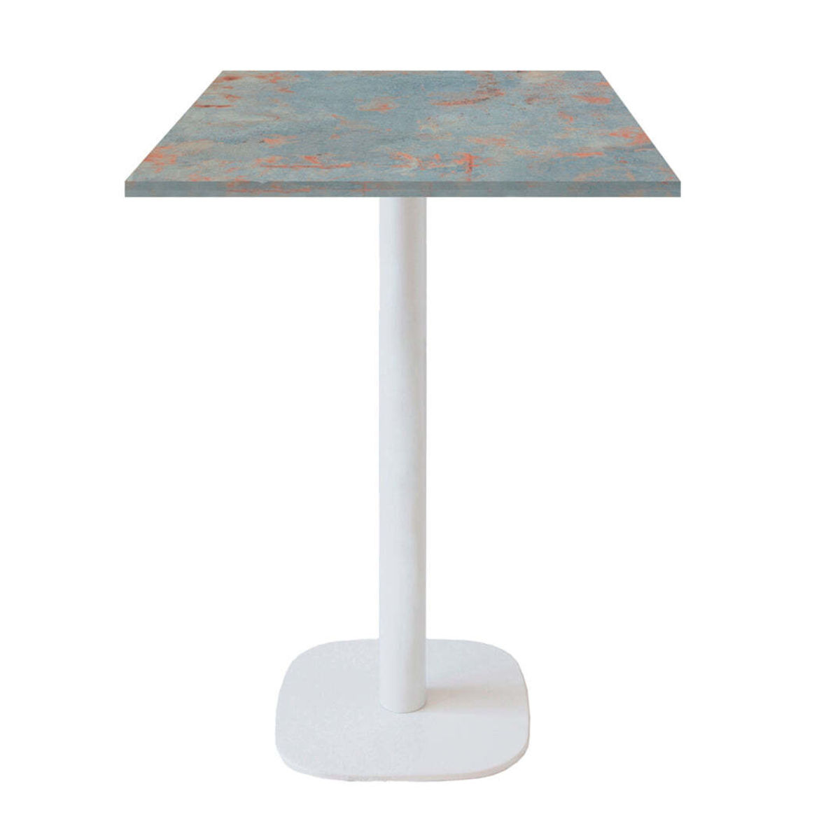 RestooTab Stehtisch Round quadratisch Gestell weiß - Dekor Stein 60x60x113 cm (LxBxH); Platte metall verrostet, Gestell weiß; quadratisch