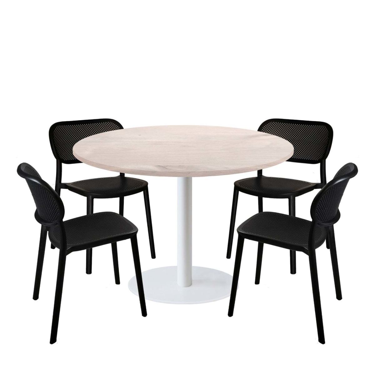 RestooTab Esstisch-Set Rome XL Gestell weiß mit 4 Stühlen - Dekor Holz & Uni 120x120x75x120 cm (LxBxHxØ); birke; Gestell schwarz; rund