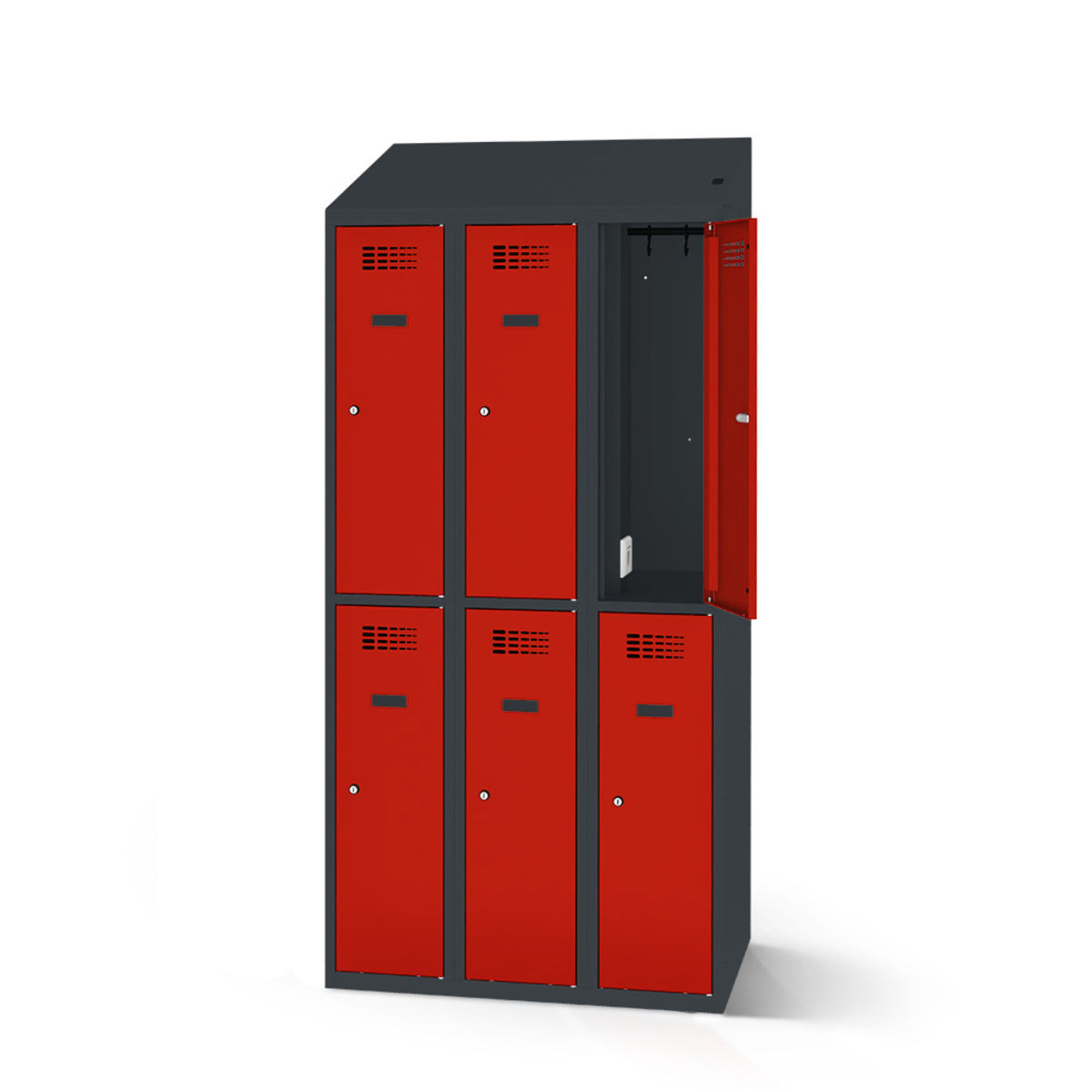 rotstahl Garderobenspind mit Ladefunktion 6 Türen mit anthrazitgrauem Korpus 90x200 cm (BxH); rot