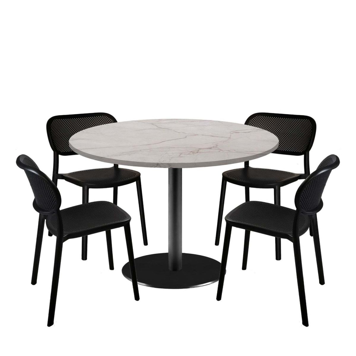 RestooTab Esstisch-Set Rome XL mit 4 Stühlen - Dekor Stein 120x120x75x120 cm (LxBxHxØ); wollweiß/beige/marmoriert; Gestell schwarz; rund