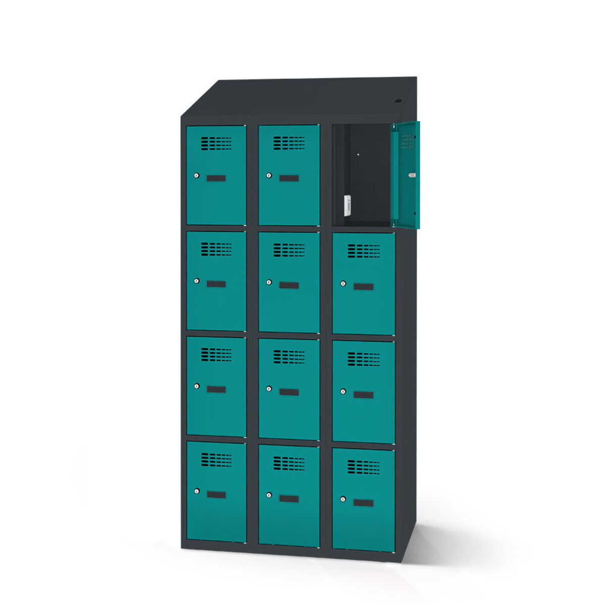 rotstahl Fächerschrank mit Ladefunktion 12 Fächer 3x4 mit anthrazitgrauem Korpus 90x200 cm (BxH); türkis