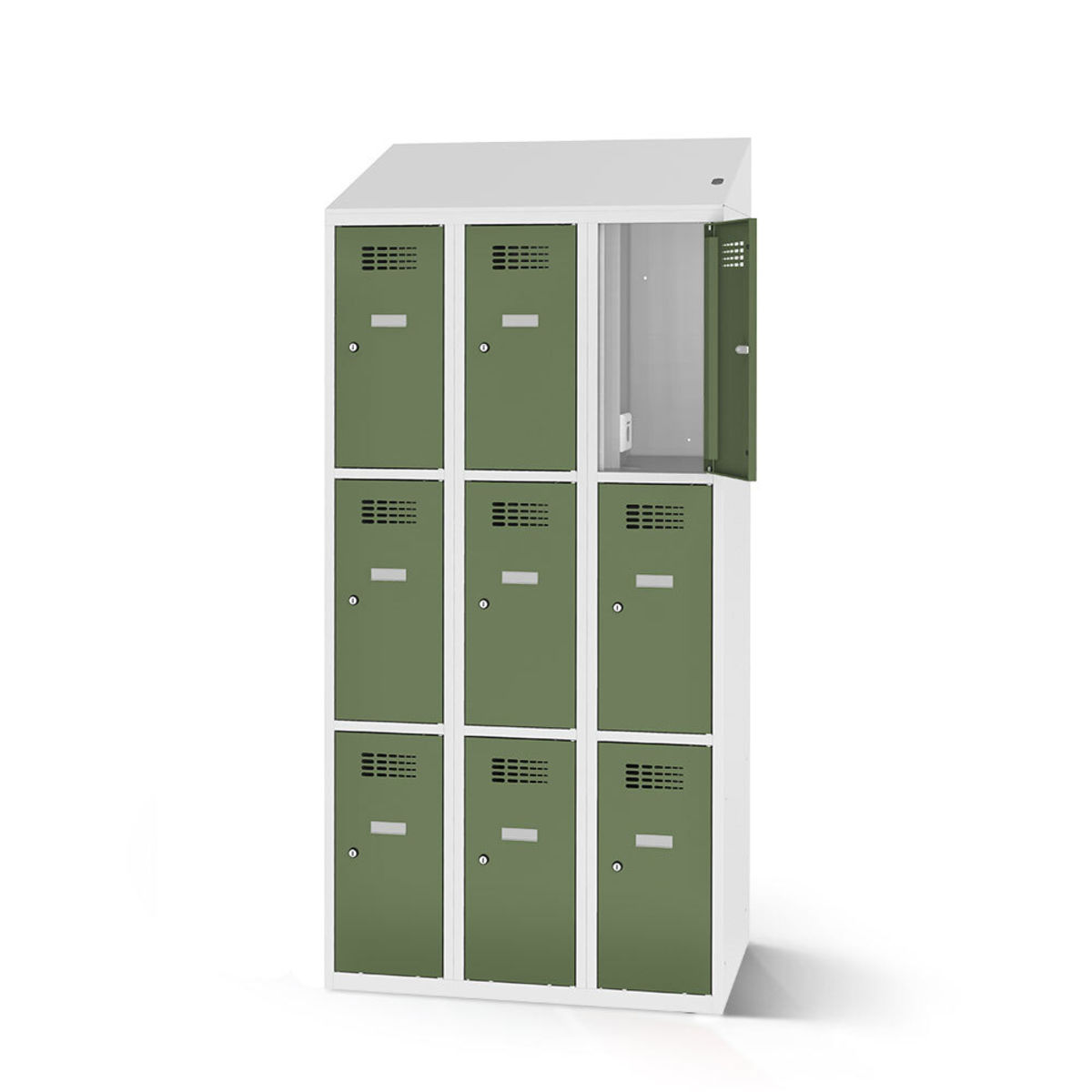 rotstahl Fächerschrank mit Ladefunktion 9 Fächer mit lichtgrauem Korpus 120x200 cm (BxH); hellgrün