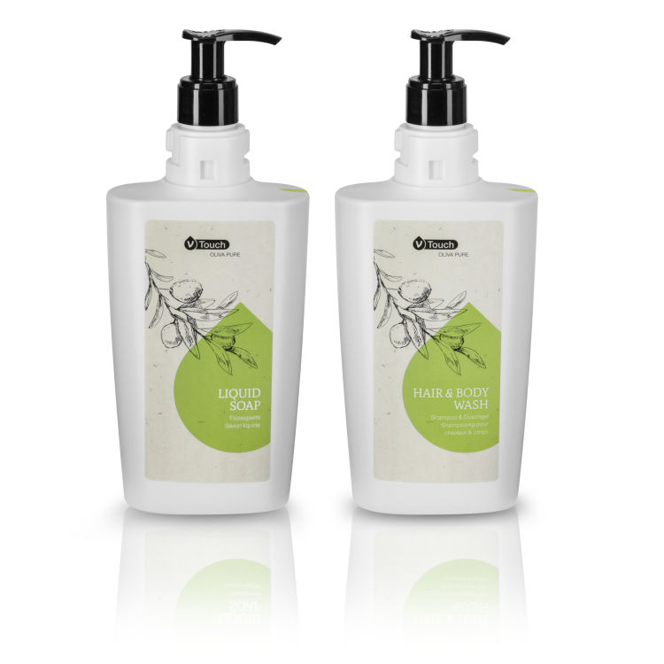 Coffret échantillons cosmétiques, flacon distributeur à pompe Oliva Organic 2 pièces, à base d'extraits végétaux de haute qualité