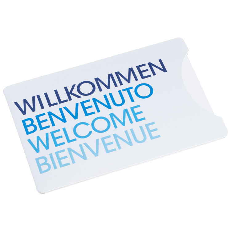 Etui porte-carte magnétique  Welcome forme étui, en 4 langues