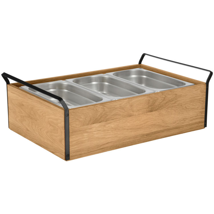 Set fraîcheur Esino haut 6,5 cm inox 3 x GN 1/3, en bois massif