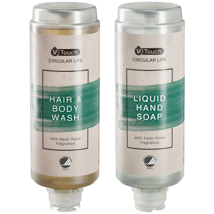 Sample set hotel cosmetics dispenser Circular Life 2-piece, Nordic Ecolabel certified